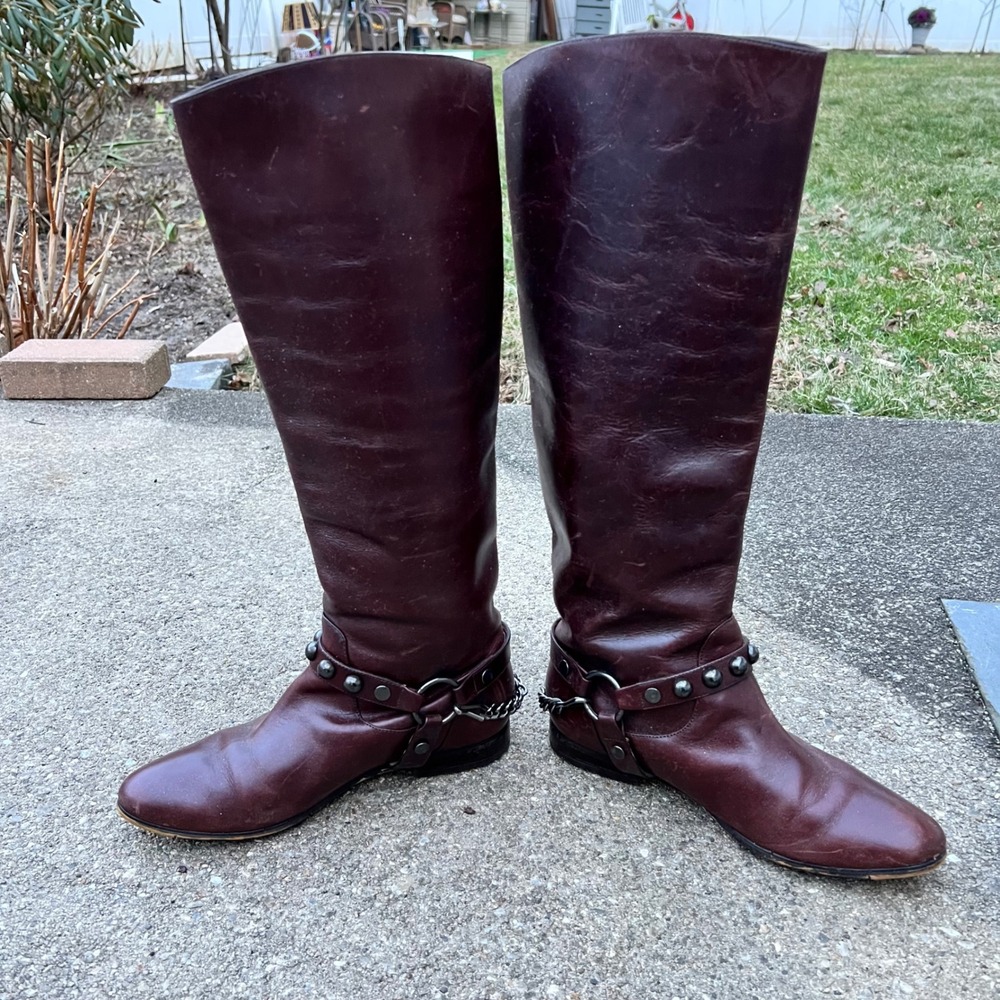 Brown Leather Tall Riding Boots Equestrian Style Size 7.5 Buckle Chain Old Money - Picture 15 of 17